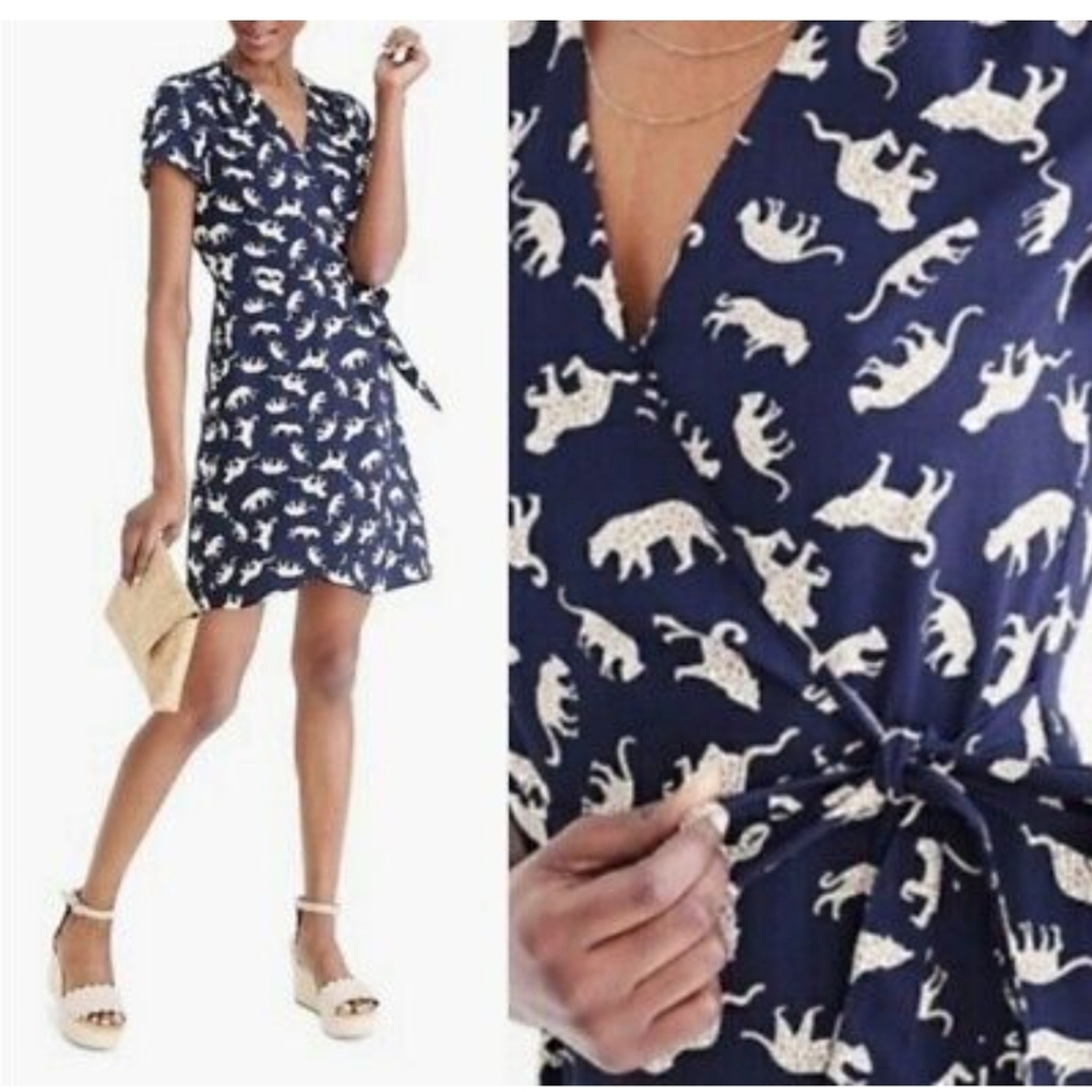 J. Crew Printed Short Sleeve Navy, Leopard Print 🐆 Wrap Dress size 0